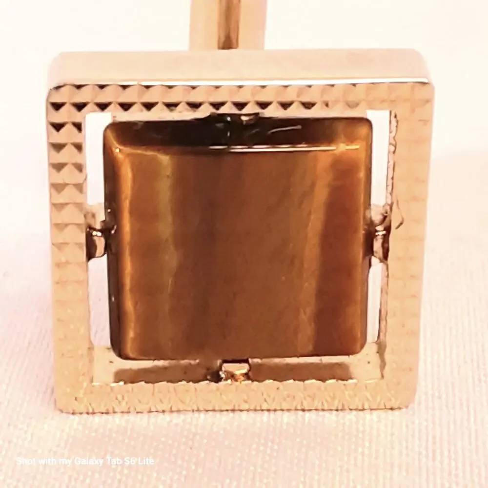 💎Tigers Eye Cuff Links Square Stones In Gold Tone Textured Border